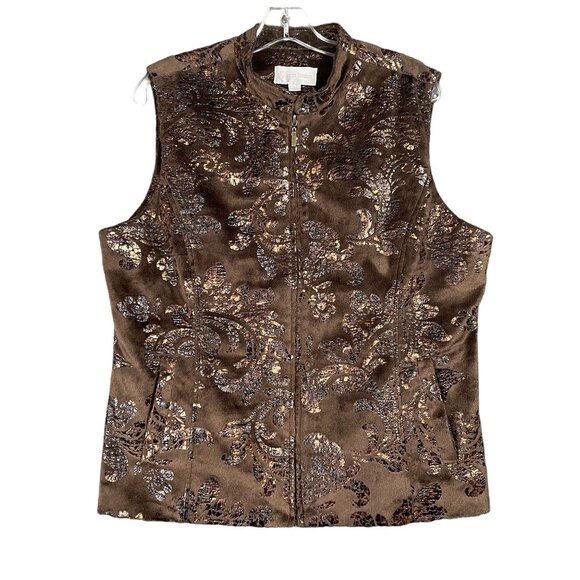 Erin London Vest L Brown Velvet Full Zip Metallic Warm Pockets Cozy Office Work - Picture 2 of 13